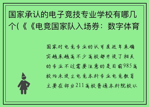 国家承认的电子竞技专业学校有哪几个(《《电竞国家队入场券：数字体育的新疆界争夺战》》)