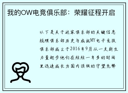 我的OW电竞俱乐部：荣耀征程开启